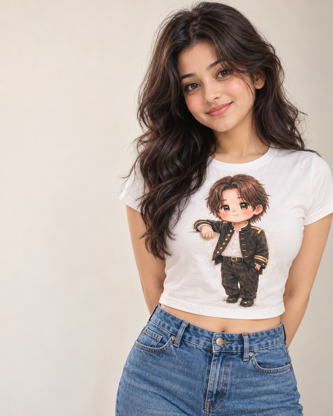 Example chibi character print on a white cropped T-shirt