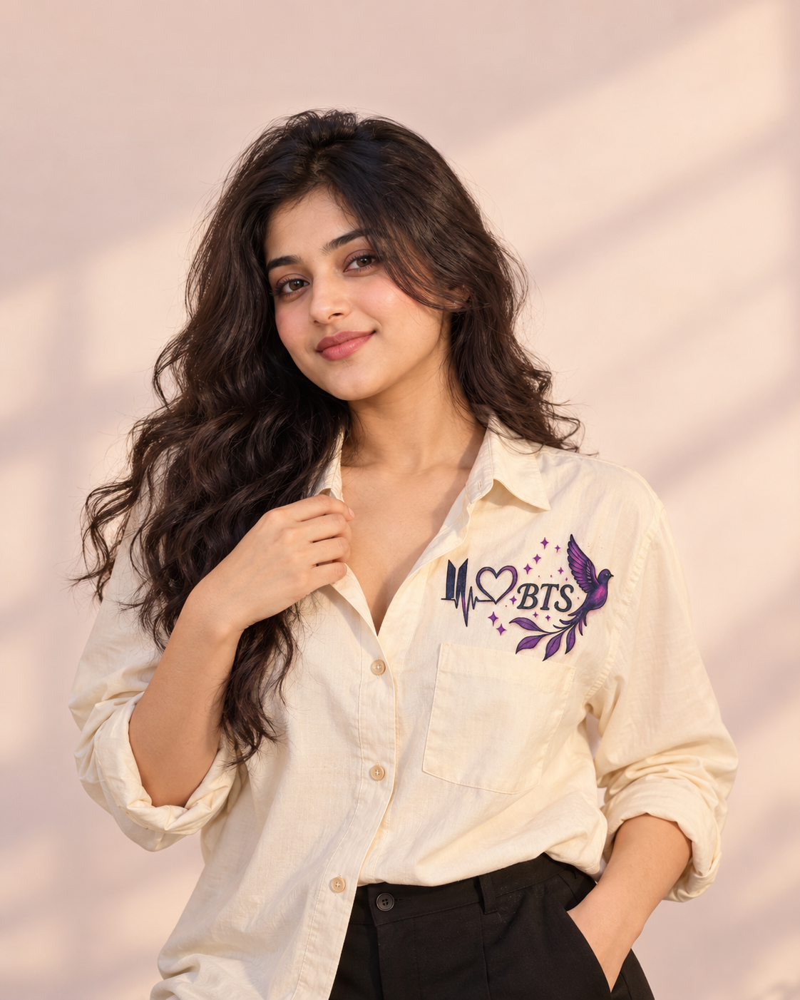 Example cream shirt with a purple heartbeat and bird design